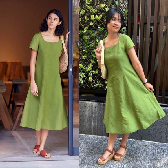 Uniqlo Dress Women XS Green Linen Blend Square Neck Short Sleeves Pockets Midi - Picture 2 of 15